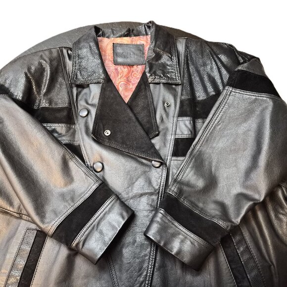 VTG 80s Black Leather Suede Balloon Coat Batwing Sleeves Paisley Lining L Power - Picture 4 of 11